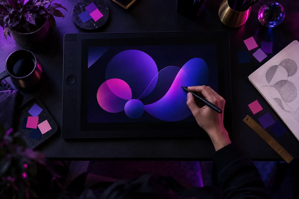 Top-down view of a designer's hand drawing abstract purple shapes on a graphics tablet, colour chips around it