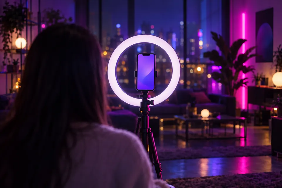 Creator's filming setup seen from behind: ring light with a phone on a tripod in a dark loft