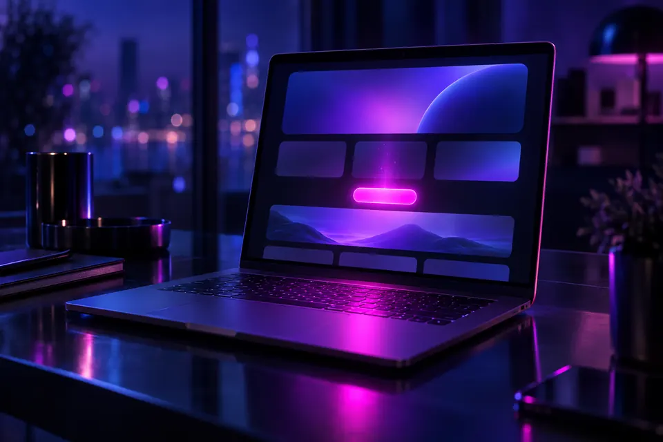 Laptop showing an abstract single-page layout with one glowing magenta call-to-action button