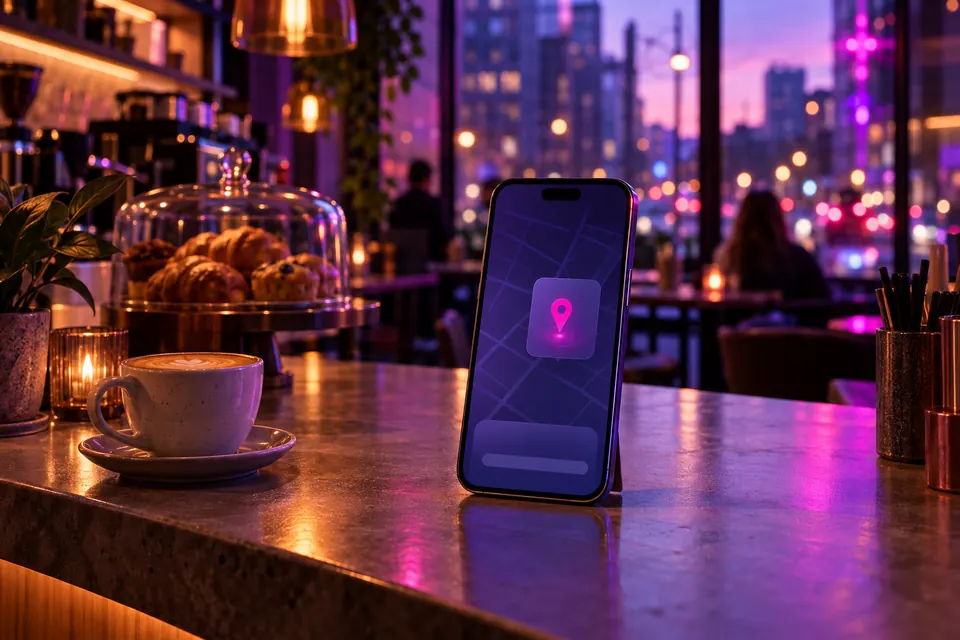 Cafe counter at dusk with a smartphone showing a glowing map pin, city street blurred through the window
