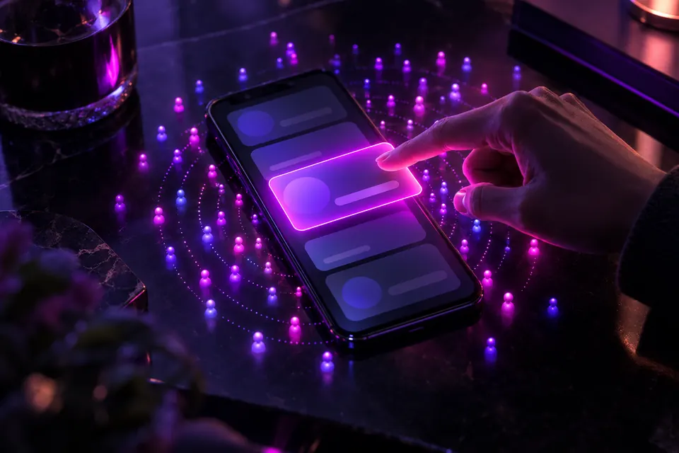Smartphone on a dark table with one highlighted glowing ad card lifting from the feed and audience dots radiating outward