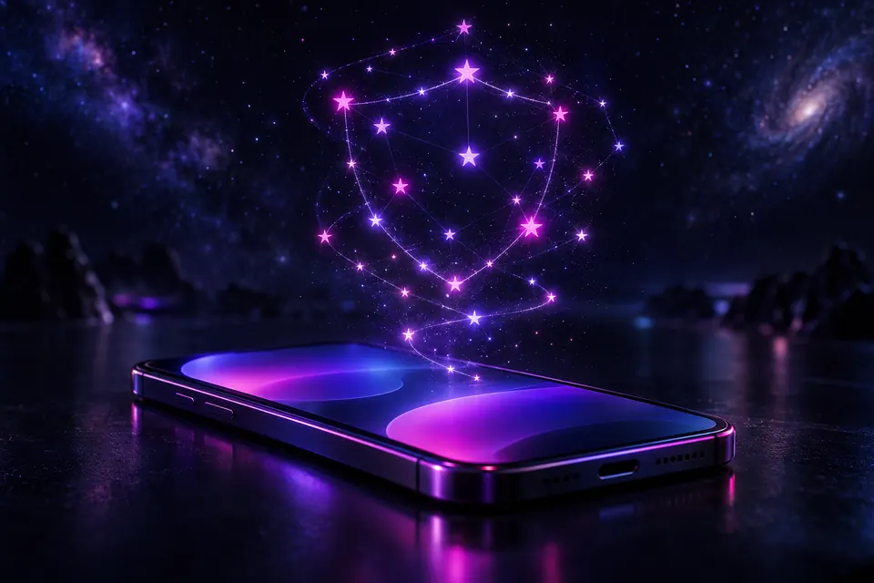 Constellation of glowing review stars forming a shield shape above a smartphone