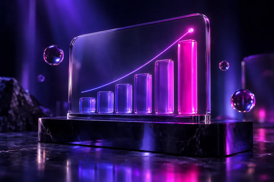 3D glass dashboard sculpture with rising translucent bars and an upward glowing line on a dark plinth
