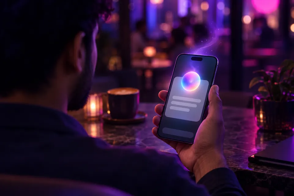 Hand holding a smartphone in a dim cafe, the screen showing a single glowing answer card with purple light rising from it