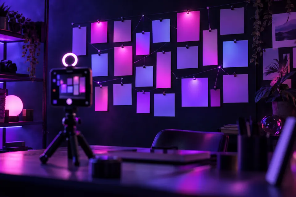 Wall of glowing blank content cards arranged like a calendar, with a phone on a small tripod in the foreground