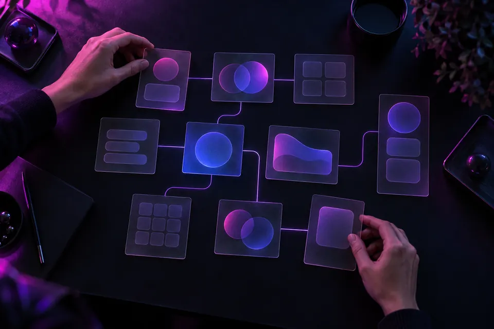 Hands arranging frosted glass wireframe cards linked by glowing lines on a dark desk