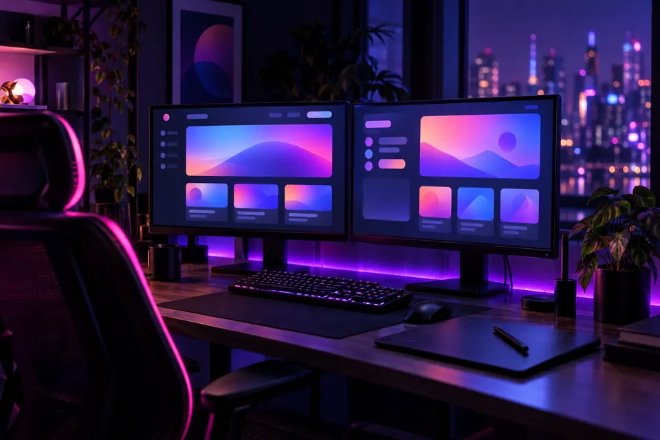 Designer's dual-monitor desk at night with abstract website layout blocks on both screens and purple LED glow