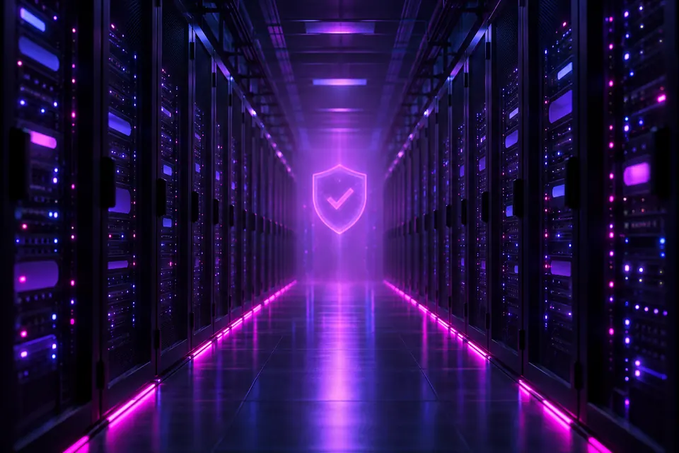 Data-centre aisle of server racks in purple light with a glowing check-shield hologram at the end