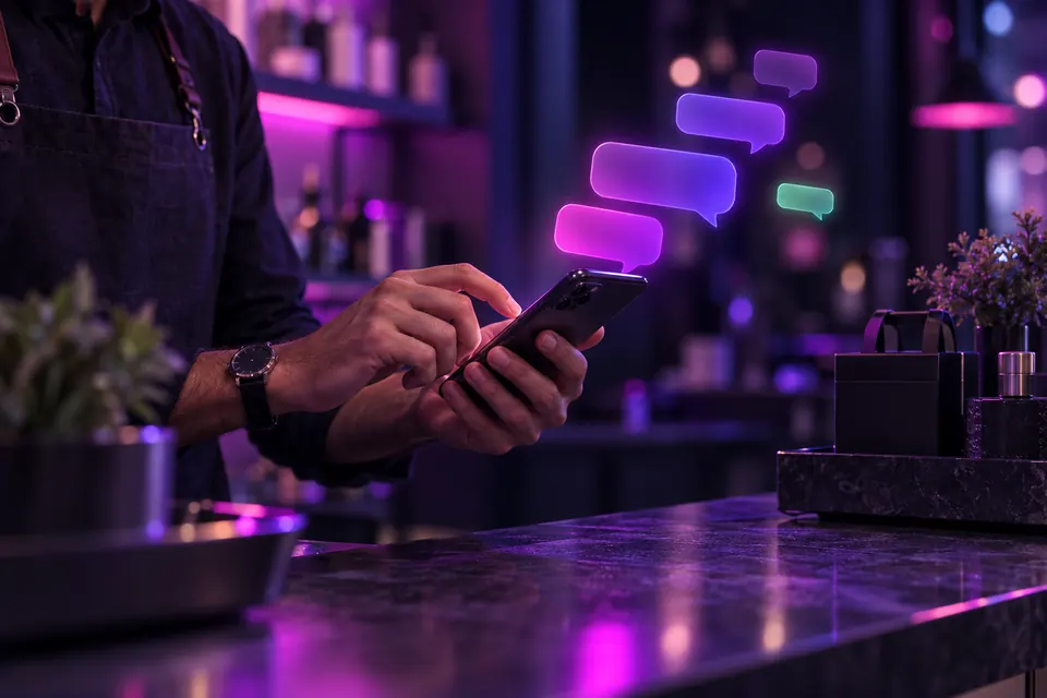 Business owner's hands typing on a phone with blank purple chat bubbles floating above it