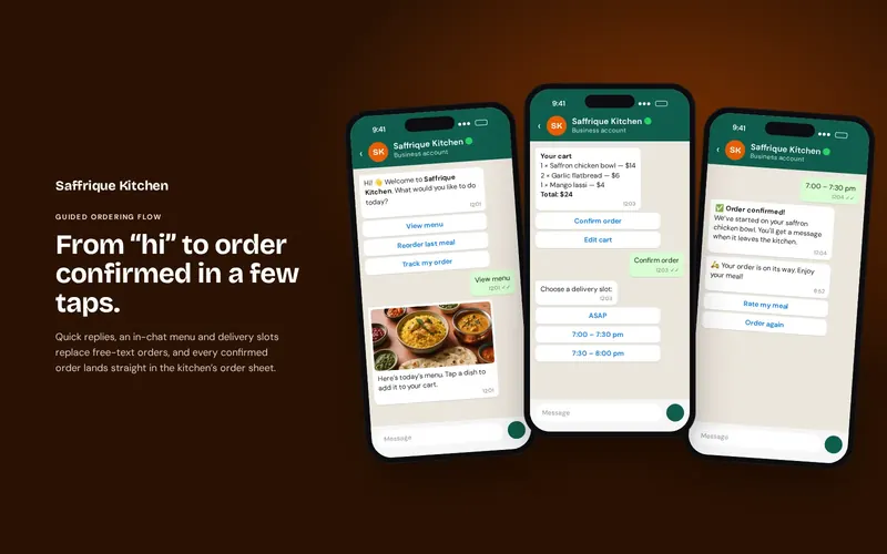 Saffrique Kitchen — WhatsApp ordering and broadcast setup for a cloud kitchen