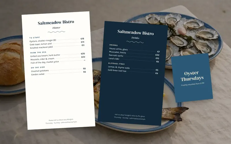 Saltmeadow Bistro — Menus, posters and print collateral for a coastal bistro