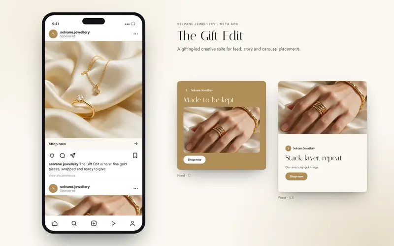 Selvane Jewellery — Meta ad creative suite for a fine-jewellery label